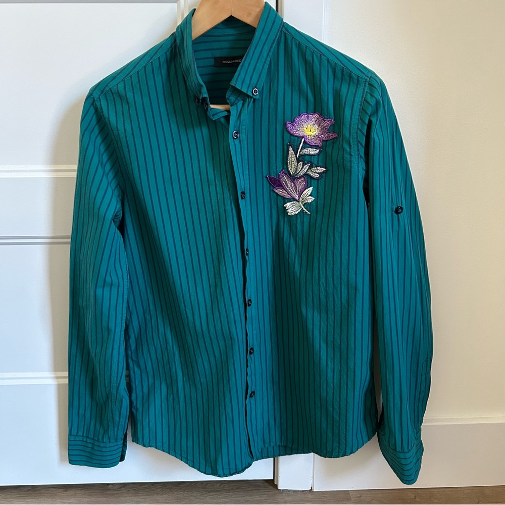 DSquared2 Teal Striped Shirt with Floral Embroidery